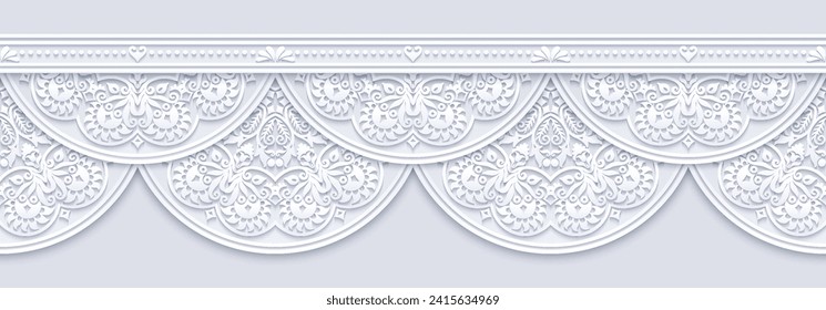 Modern vector volumetric floral ornamental stripe border. Trendy craft style illustration. 3d effect imitation. Hand drawn, not AI