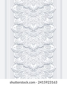 Modern vector volumetric floral ornamental stripe border. Trendy craft style illustration. 3d effect imitation. Hand drawn, not AI
