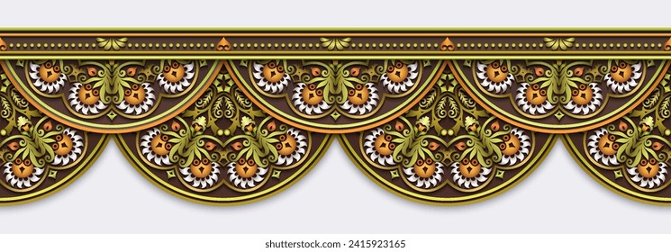 Modern vector volumetric floral ornamental stripe border. Trendy craft style illustration. 3d effect imitation. Hand drawn, not AI