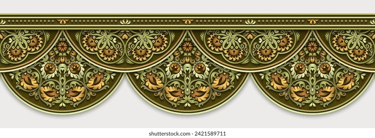 Modern vector volumetric floral ornamental stripe border. Trendy craft style illustration. 3d effect imitation. Hand drawn, not AI