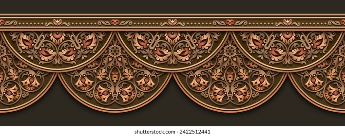 Modern vector volumetric floral ornamental stripe border. Trendy craft style illustration. 3d effect imitation. Hand drawn, not AI