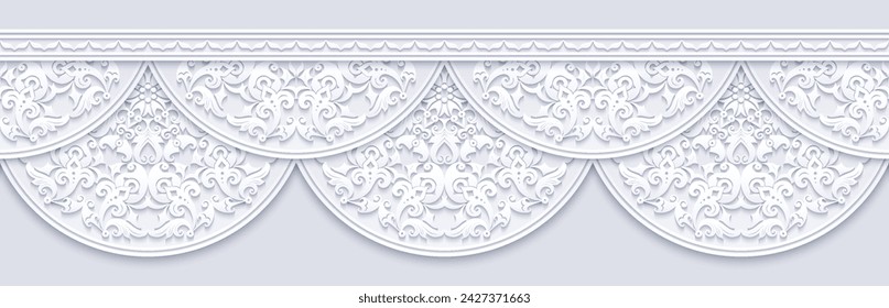 Modern vector volumetric floral ornamental stripe border. Trendy craft style illustration. 3d effect imitation. Hand drawn, not AI