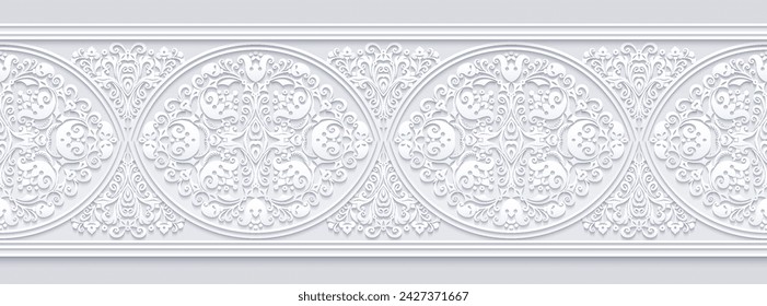 Modern vector volumetric floral ornamental stripe border. Trendy craft style illustration. 3d effect imitation. Hand drawn, not AI