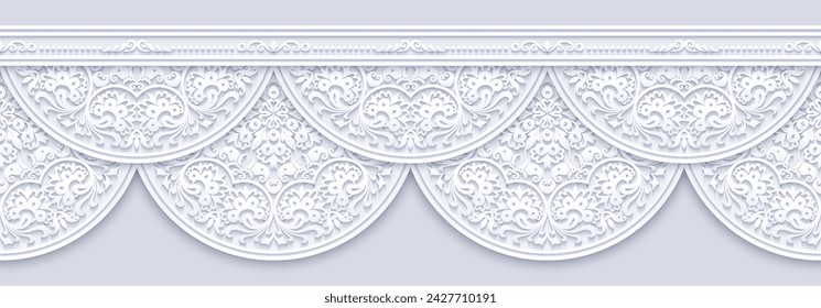 Modern vector volumetric floral ornamental stripe border. Trendy craft style illustration. 3d effect imitation. Hand drawn, not AI