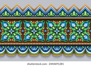 Modern vector volumetric floral ornamental stripe border. Trendy craft style illustration. 3d effect imitation. Hand drawn, not AI