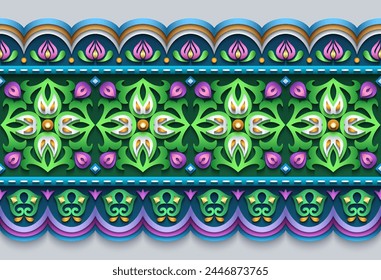 Modern vector volumetric floral ornamental stripe border. Trendy craft style illustration. 3d effect imitation. Hand drawn, not AI