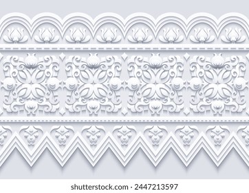 Moderne Vektorgrafik volumetrische florale ornamentale Streifenumrandung. Trendy Handwerk Stil Illustration. Imitation des 3D-Effekts. Handgezeichnet, keine KI