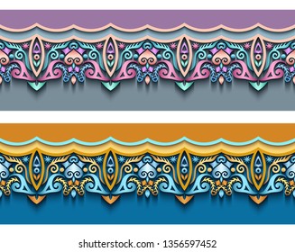 Modern vector volumetric ornamental stripe backgrounds set. Trendy craft style illustration. 3d effect imitation