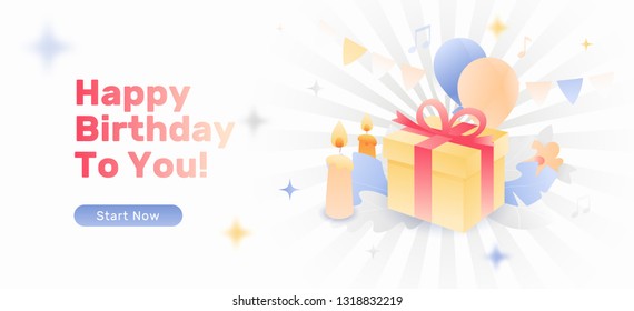 Modern vector web banner template of birthday present in a gift box with candle, flowers and balloons. 