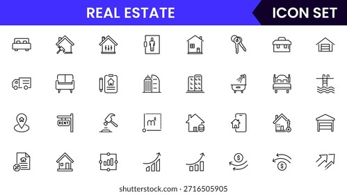 Iconos de línea de Web de Vector modernos que representan bienes raíces, propiedades, casas, llaves, agentes e inversiones para la gestión de viviendas y propiedades
