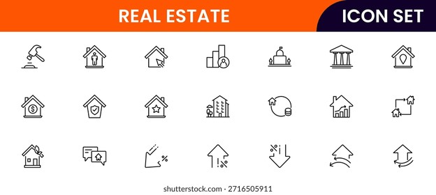 Iconos de línea de Web de Vector modernos que representan bienes raíces, propiedades, casas, llaves, agentes e inversiones para la gestión de viviendas y propiedades
