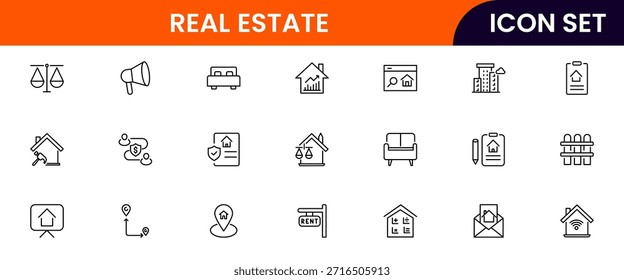 Iconos de línea de Web de Vector modernos que representan bienes raíces, propiedades, casas, llaves, agentes e inversiones para la gestión de viviendas y propiedades
