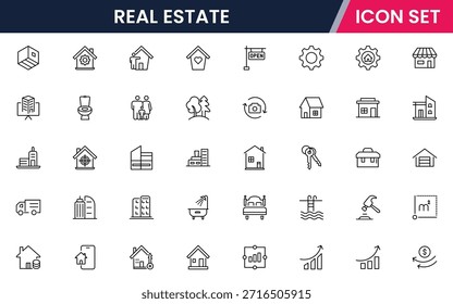 Iconos de línea de Web de Vector modernos que representan bienes raíces, propiedades, casas, llaves, agentes e inversiones para la gestión de viviendas y propiedades
