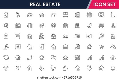Iconos de línea de Web de Vector modernos que representan bienes raíces, propiedades, casas, llaves, agentes e inversiones para la gestión de viviendas y propiedades
