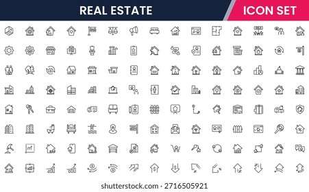 Iconos de línea de Web de Vector modernos que representan bienes raíces, propiedades, casas, llaves, agentes e inversiones para la gestión de viviendas y propiedades
