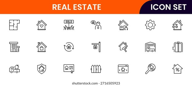 Iconos de línea de Web de Vector modernos que representan bienes raíces, propiedades, casas, llaves, agentes e inversiones para la gestión de viviendas y propiedades
