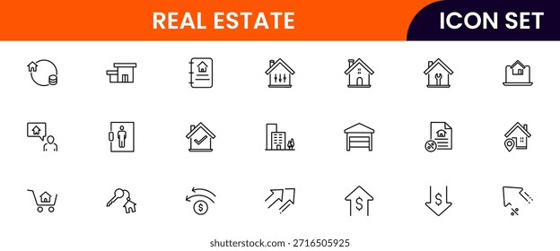 Iconos de línea de Web de Vector modernos que representan bienes raíces, propiedades, casas, llaves, agentes e inversiones para la gestión de viviendas y propiedades
