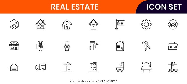 Iconos de línea de Web de Vector modernos que representan bienes raíces, propiedades, casas, llaves, agentes e inversiones para la gestión de viviendas y propiedades
