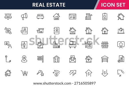 Modern vector web line icons depicting real estate, properties, homes, keys, agents, and investments for housing and property management
