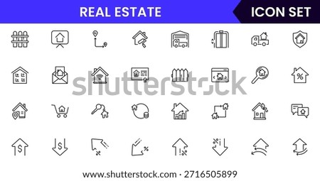 Modern vector web line icons depicting real estate, properties, homes, keys, agents, and investments for housing and property management
