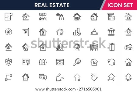 Modern vector web line icons depicting real estate, properties, homes, keys, agents, and investments for housing and property management
