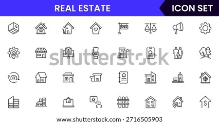 Modern vector web line icons depicting real estate, properties, homes, keys, agents, and investments for housing and property management

