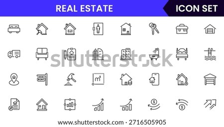 Modern vector web line icons depicting real estate, properties, homes, keys, agents, and investments for housing and property management
