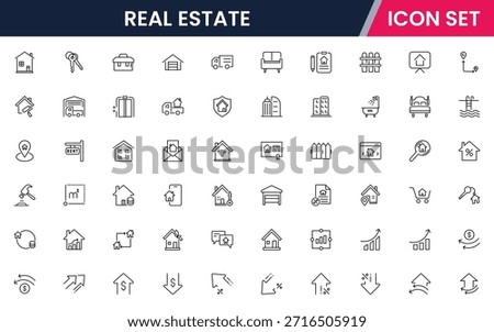 Modern vector web line icons depicting real estate, properties, homes, keys, agents, and investments for housing and property management
