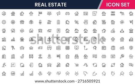Modern vector web line icons depicting real estate, properties, homes, keys, agents, and investments for housing and property management
