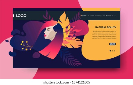 Modern vector web page design template with floral elements. Illustration of body care, cosmetics welness spa, beauty salon. Female concept with woman for mobilewebsite development and mobile device.