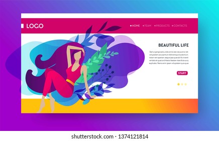 Plantilla moderna de diseño de páginas web vectoriales con elementos florales. Ilustración de cuidados corporales, spa de bienestar cosmético, salón de belleza. Concepto femenino con mujer para el desarrollo de sitios web móviles y dispositivos móviles.