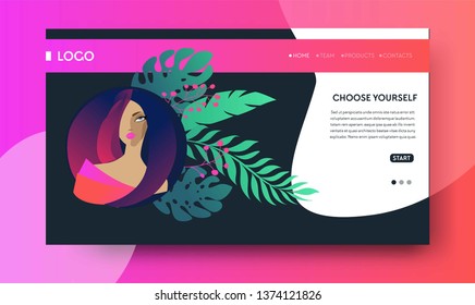 Modern vector web page design template with floral elements. Illustration of body care, cosmetics welness spa, beauty salon. Female concept with woman for mobilewebsite development and mobile device.