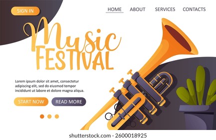 Modern vector web template featuring a trumpet and plant on a dark background for a music festival or concert poster  
