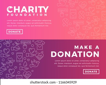 Modern Vector Website Banner Templates With Charity Objects. Card For Non-profit Organizaiton, Fundraising Event, Volunteer Centre. Vector Line Icon Design.