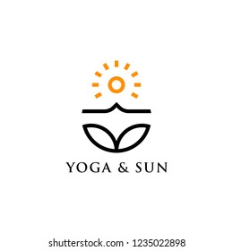Modern vector yoga logo template in a linear style. With sun. Yoga center, Spa facilities, Fashion and beauty, Fitnes room.