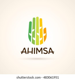 Modern vector yoga logotype template. Ahimsa label. Colorful hand with plants on it.