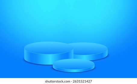 Una ilustración 3D vectorial moderna y editable con podios de cilindros azules brillantes sobre fondo azul. Perfecto para exhibición de productos, presentaciones tecnológicas, temas futuristas y diseño de marketing digital.