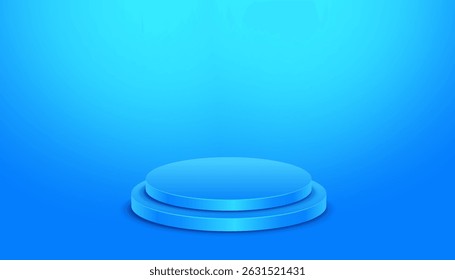 A modern vectoral, editable 3D illustration featuring glossy blue cylinder podiums on blue background. Perfect for product display, tech presentations, futuristic themes, and digital marketing design.