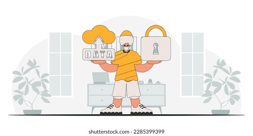 Hombre vectorial moderno con candado y almacenamiento en la nube.