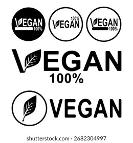 Marca vegana moderna com gráfico de folha limpa e 100% de redação para rótulo ecologicamente correto, produto orgânico e alimentos saudáveis