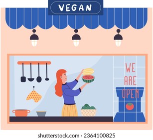 Modern vegan mobile cafe in city. Happy restaurant owner in fast food truck. Exterior of cafe with eco concept. Vegetarian nutrition, healthy lifestyle. Woman in kitchen eating fruit and watermelon