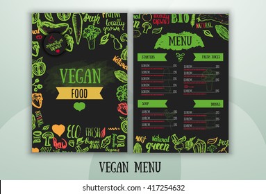 Modern vegetarian food menu design.Hand drawn eco food menu  illustration on dark chalk background. Can be used for eco food menu, invitations.