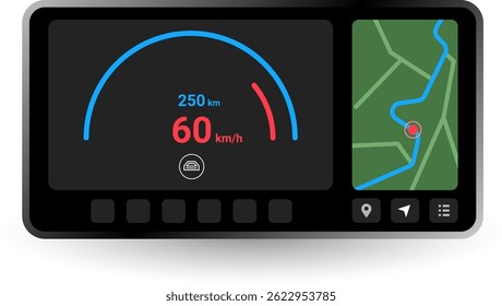 Design moderno da interface do painel do veículo mostrando o velocímetro digital, a distância restante e o mapa de navegação GPS, ideal para a IU automotiva