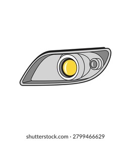 Modern vehicle headlight component with yellow lens. Grey car headlight assembly featuring a circular yellow lens and sleek housing. Simple flat design with clean outlines. Ideal for automotive catalogs or mechanic service icons.