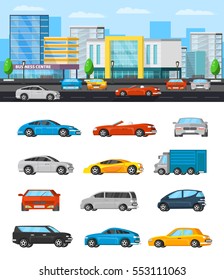 Modern vehicles composition with wagon and colorful cars of different construction vector illustration