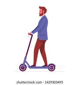 Modern vehicles. Vector illustration of adult bearded businessman in a suit, riding electric scooter. Isolated on white.