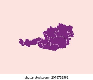 Modern Velvet Violet Color High Detailed Border Map Of Austria, Isolated on Purple Background Vector Illustration