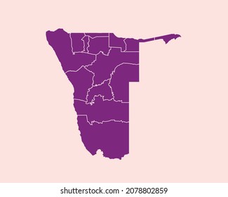 Modern Velvet Violet Color High Detailed Border Map Of Namibia, Isolated on Purple Background Vector Illustration