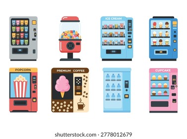 Modern vending machine illustration collection, colorful snack beverage dessert dispenser vector set for retail automation and convenience store design