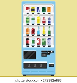Modern Vending Machine Vector Illustration Filled With Various Beverages Including Soda, Juice, Water, and Energy Drinks